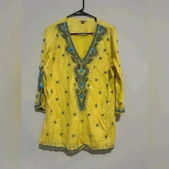 Boston Proper Women's Lightweight Turquoise Baubles Tunic top Yellow Size M - Picture 2 of 8